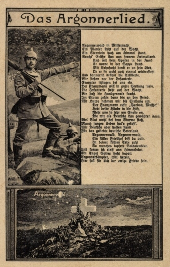 Pocztówka z tekstem piosenki o Lesie Argońskim, (Argonnerwaldlied) c. 1915, bez obiegu